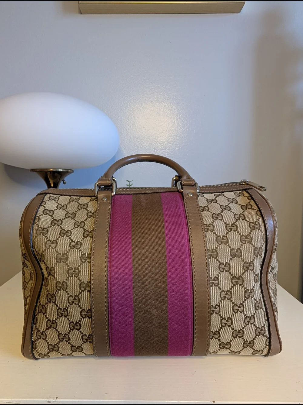 Gucci Vintage Pink & Brown Web Joy GG Monogram Canvas Boston Bag - VGUC!